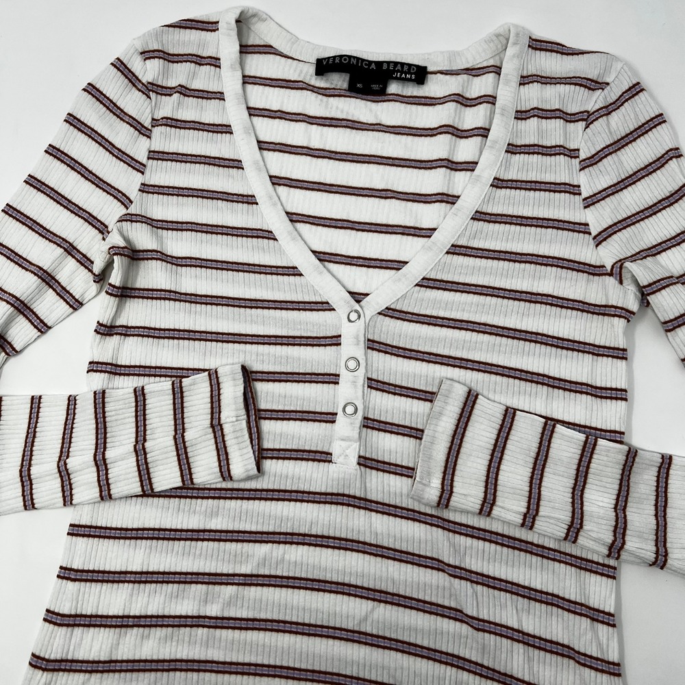 Veronica Beard Jeans Tal Striped Long‎ Sleeve Henley Top White Brown XS